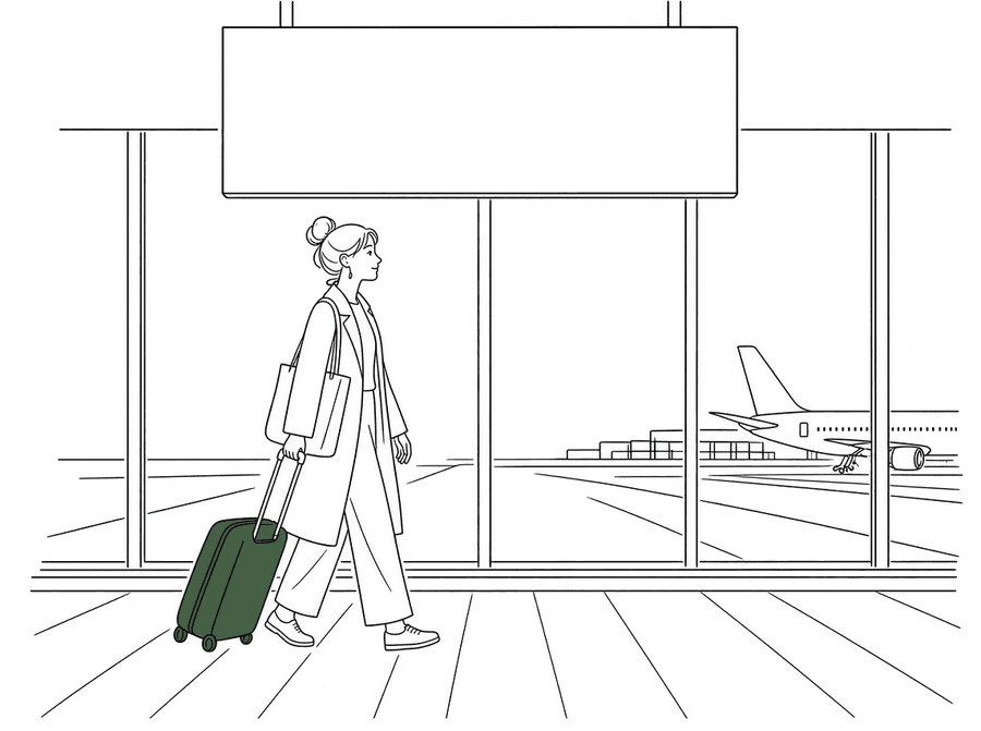 Une voyageuse traverse le terminal avec sa valise, devant les baies vitrées.