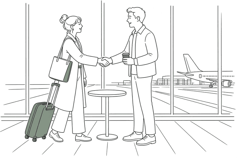 Deux voyageurs se serrent la main dans le terminal.