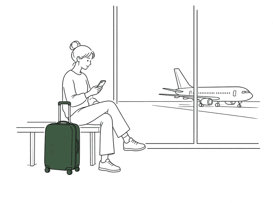 Une voyageuse assise près de sa valise regarde son téléphone, un avion derrière la vitre.